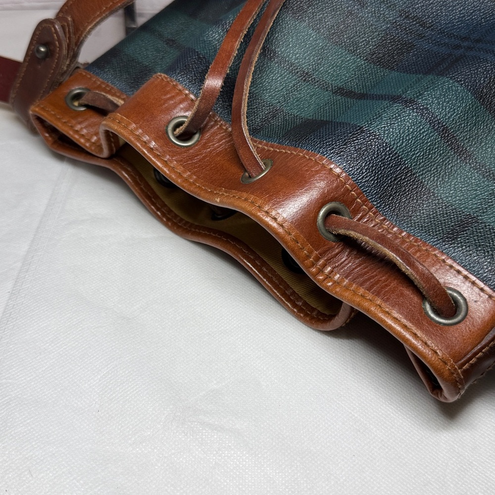 Vintage Polo Rally Lauren Plaid Brown Leather Crossbody Bucket Bag w/Luggage Tag - Picture 15 of 15